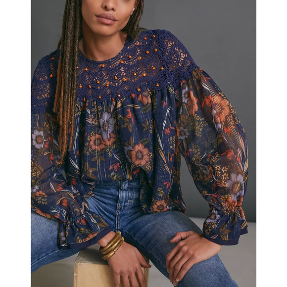 Anthropologie Mynahs Reynu Taandon Cristy Crotchet Beaded Blouse Boho Peasant XS - Picture 1 of 15